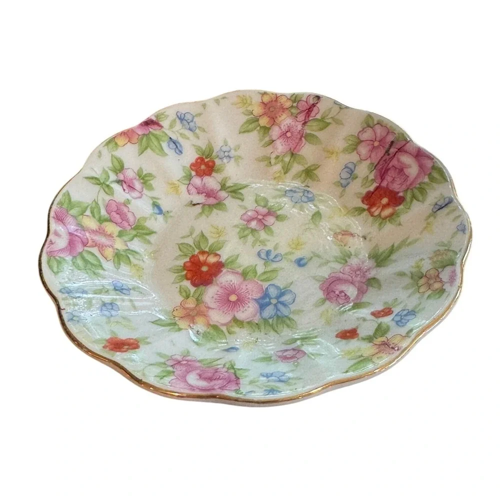 Vintage Merit China Occupied Japan Floral Chintz Scalloped Trinket Dish‎ Bowl